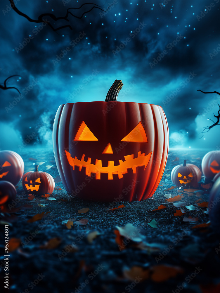 Fototapeta premium Glowing jack-o'-lantern with a spooky smile, surrounded by pumpkins in a dark, eerie, starry night scene; perfect for Halloween themes, horror, and festive and movie night designs. AI