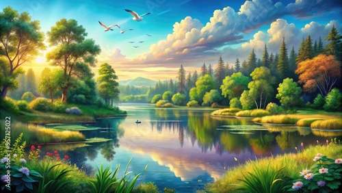 Vibrant illustration of a serene nature reserve with lush green forests, tranquil lake, and diverse wildlife, set against a warm, sunny background with soft, feathery clouds.