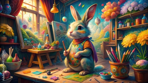 Vibrant illustration of a whimsical rabbit surrounded by colorful paintbrushes, canvases, and art supplies, creating a masterpiece in a bright, eclectic studio setting. photo