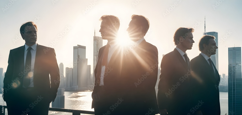 Silhouettes of a business team standing against a modern city skyline, with sunlight shining through the buildings.
Silhouettes of a business team standing against a modern city skyline, with sunlight shining through the buildings.