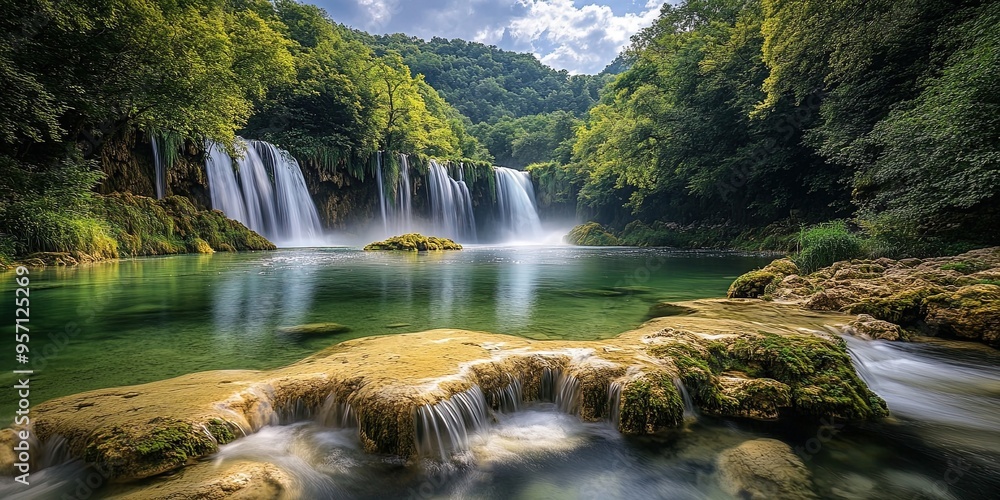 Fototapeta premium Waterfalls flowing into tranquil river in forest lake surrounded by green trees