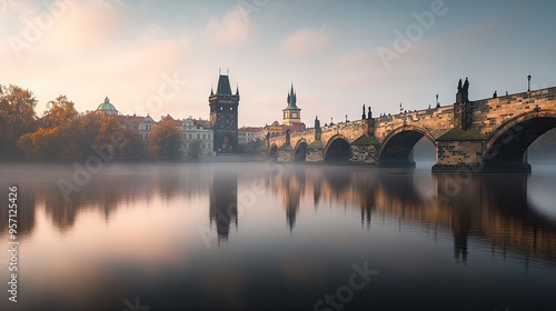 The Charles Bridge in Prague, Czech Republic, spanning the Vltava River, captured in the early morning light with no one crossing it
