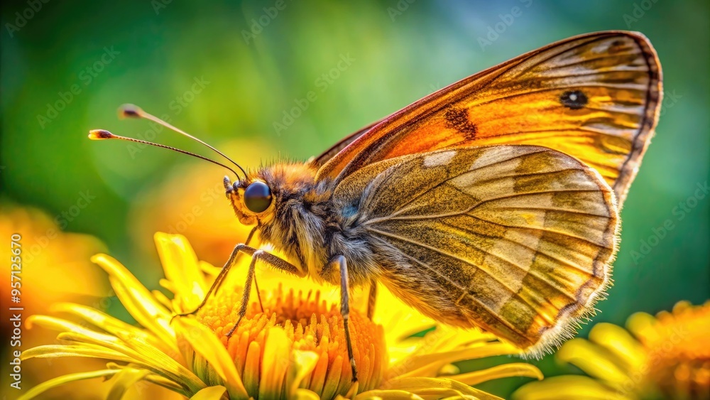 Vibrant, intricate butterfly proboscis uncoils from a delicate, hairy body, sipping sweet nectar from a bright yellow flower petal in a warm, sunny atmosphere. Vibrant, intricate butterfly proboscis uncoils from a delicate, hairy body, sipping sweet nectar from a bright yellow flower petal in a warm, sunny atmosphere.