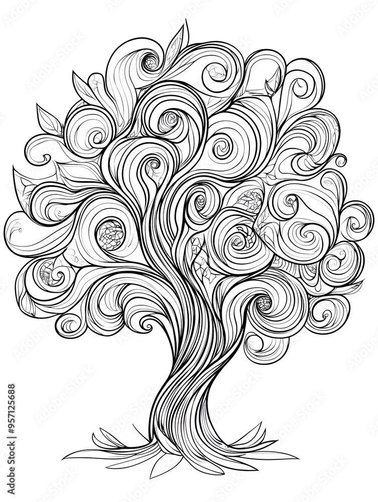 Fototapeta premium Beautiful abstract tree for design element and adult coloring book pages. Vector illustration