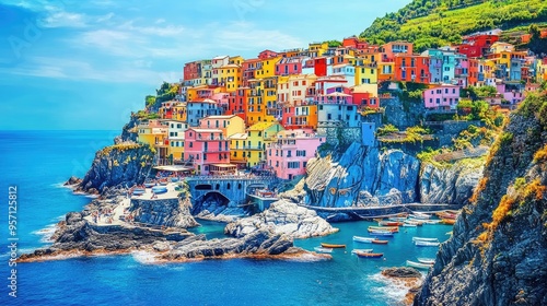 The colorful houses of Cinque Terre, Italy, perched on cliffs overlooking the Mediterranean, with no tourists in sight