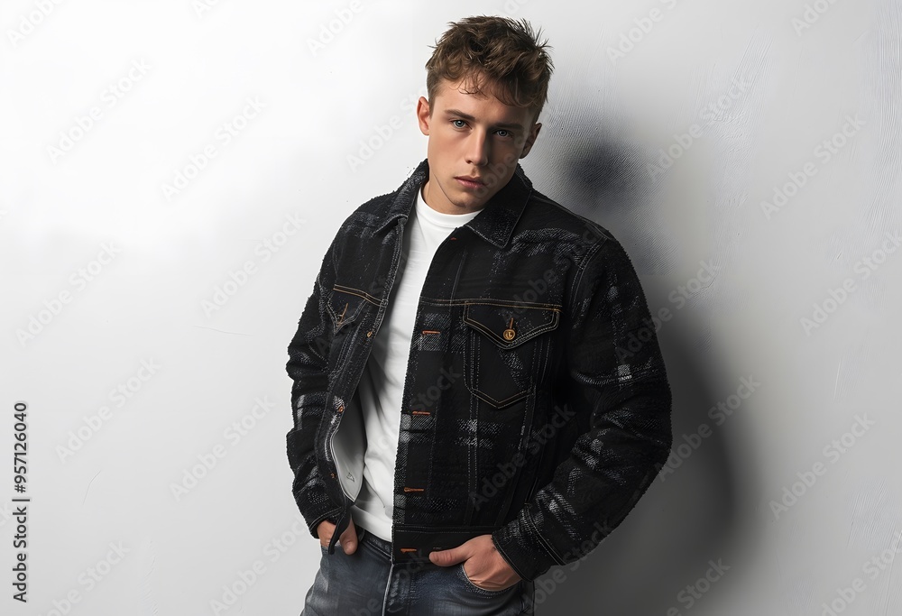 Young Man in Black Denim Jacket Posing Against White Wall Young Man in Black Denim Jacket Posing Against White Wall
