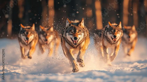 Wolf Pack Running Through Snowy Forest - Wildlife Photography