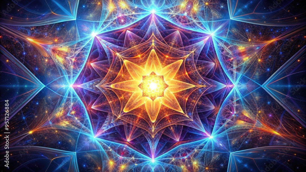 Vibrant, symmetrical hexagonal star with intricate, swirling patterns and subtle gradient shifts, radiating light and energy against a dark, mystical celestial background. Vibrant, symmetrical hexagonal star with intricate, swirling patterns and subtle gradient shifts, radiating light and energy against a dark, mystical celestial background.