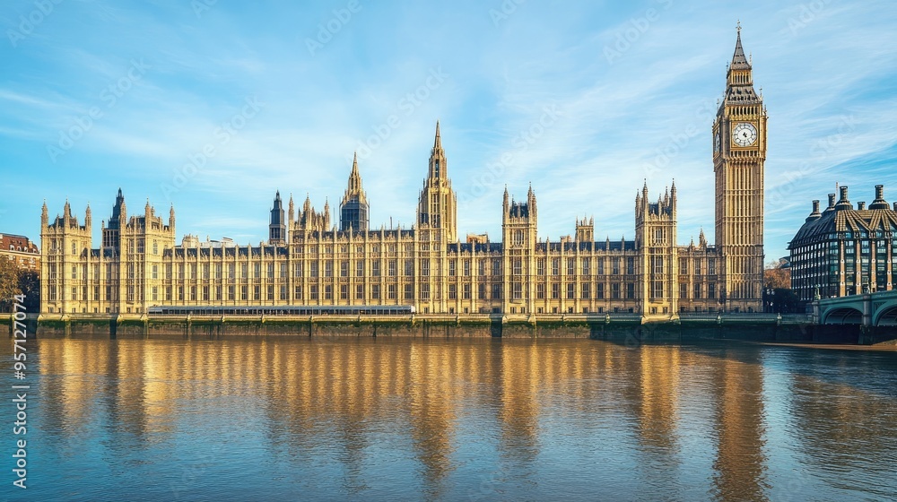 Obraz premium The grand architecure of the Palace of Westminster in London, UK, standing tall against the Thames River, with no one in the scene