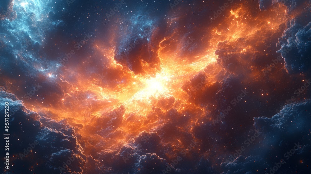 Naklejka premium Portrait of a Samurai's Upper Body in a Deep Sea-Like Galaxy: Symmetrical Design Featuring Neon Blue Nebulae, Transparency, Quantum Theory, and Particle Elements in Highly Detailed Fantasy Concept Art