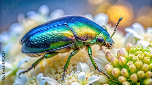 Vibrant, iridescent scarab beetle perches on a soft, creamy petal, its shimmering blue-green elytra glistening in the light, surrounded by delicate, curly stamens. photo