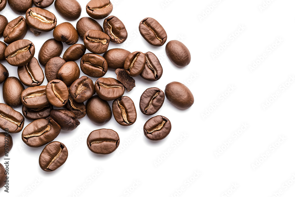 Naklejka premium Close-up of roasted coffee beans scattered on a transparent background, highlighting their rich brown color and texture
