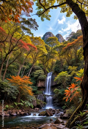 A waterfall is flowing into a river in a forest