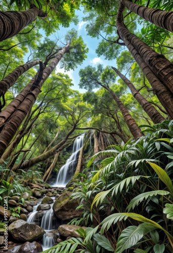 A lush green forest with a waterfall in the middle