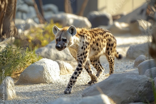 Spotted Hyena Walking on a Rocky Path