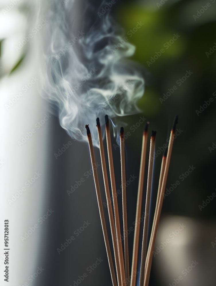 Close-up of incense sticks burning, with gentle smoke rising, capturing the essence of tranquility and sensory appeal Close-up of incense sticks burning, with gentle smoke rising, capturing the essence of tranquility and sensory appeal