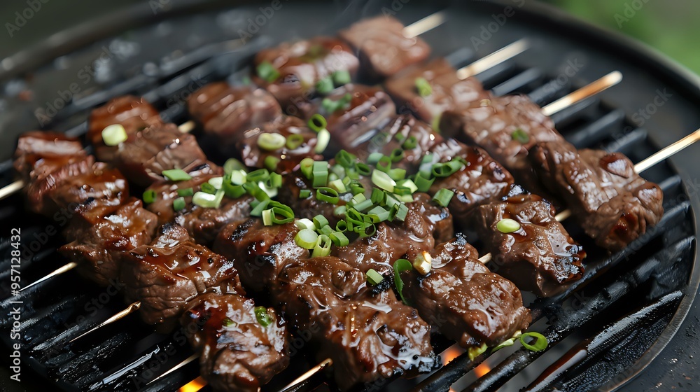 Juicy grilled beef skewers with fresh herbs on barbecue grill, perfect for menu, restaurant promotion, cooking blog or food advertising. Juicy grilled beef skewers with fresh herbs on barbecue grill, perfect for menu, restaurant promotion, cooking blog or food advertising.