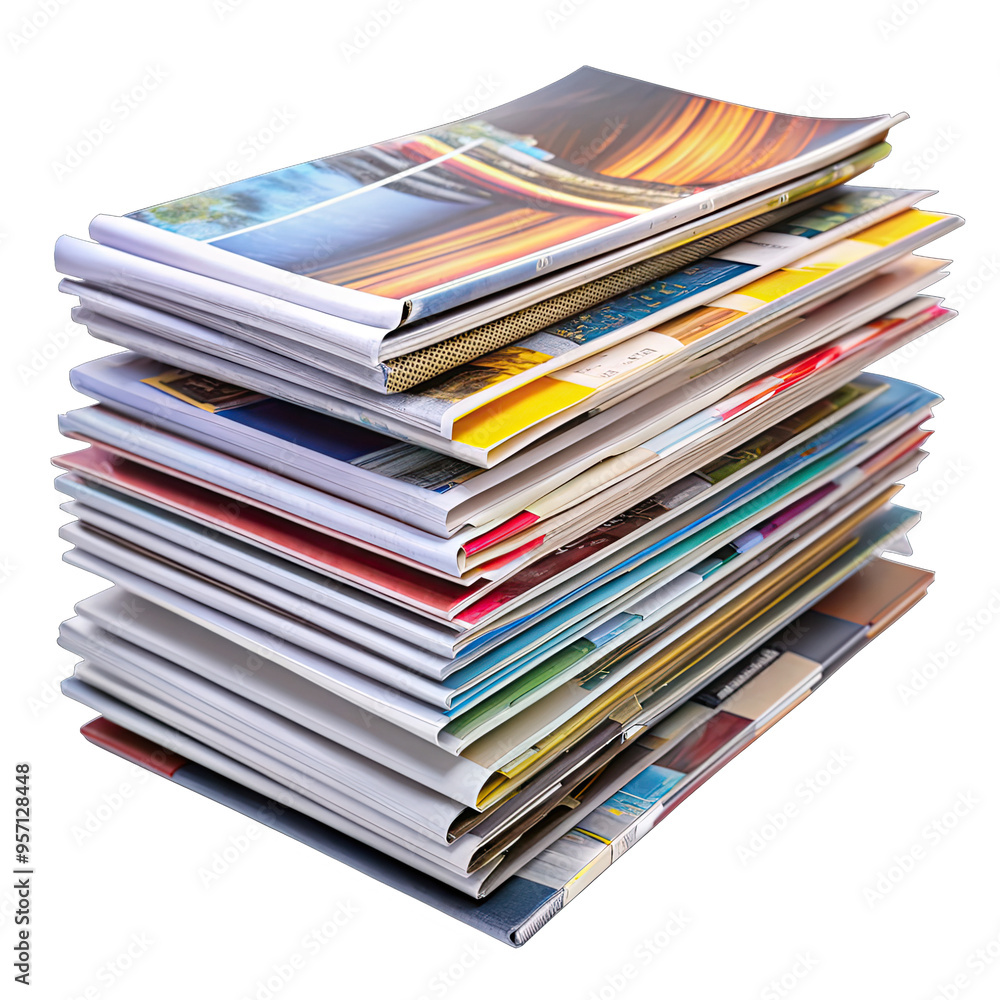 A stack of colorful magazines are isolated on a white background. The magazines are stacked neatly, with the top one slightly askew A stack of colorful magazines are isolated on a white background. The magazines are stacked neatly, with the top one slightly askew