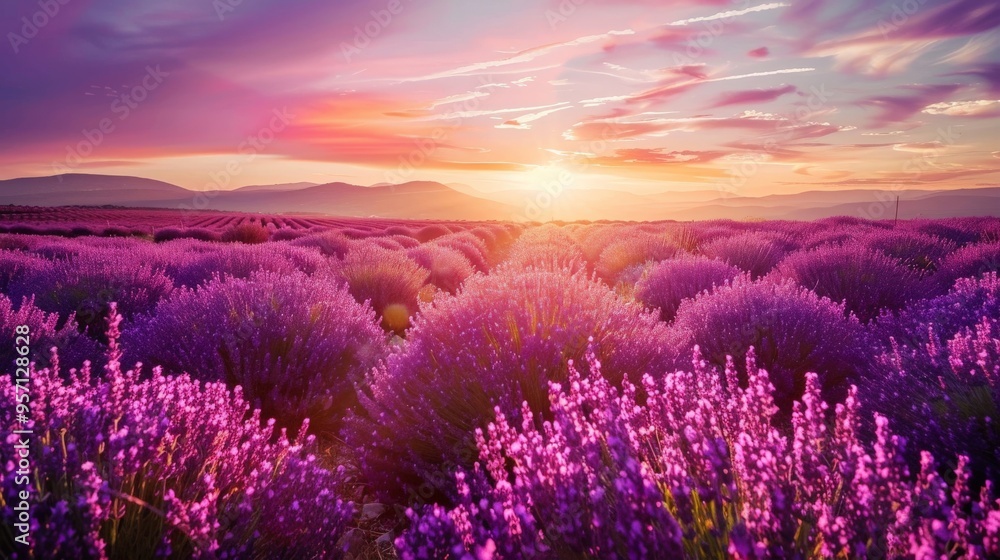 Obraz premium Lavender field in full bloom with a sunset sky