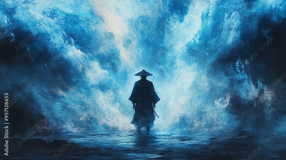 Portrait of a Samurai's Upper Body in a Deep Sea-Like Galaxy: Symmetrical Design with Neon Blue Nebulae, Transparency, and Quantum Theory Elements in Fantasy Concept Art with Prism Glow and Cinematic Portrait of a Samurai's Upper Body in a Deep Sea-Like Galaxy: Symmetrical Design with Neon Blue Nebulae, Transparency, and Quantum Theory Elements in Fantasy Concept Art with Prism Glow and Cinematic