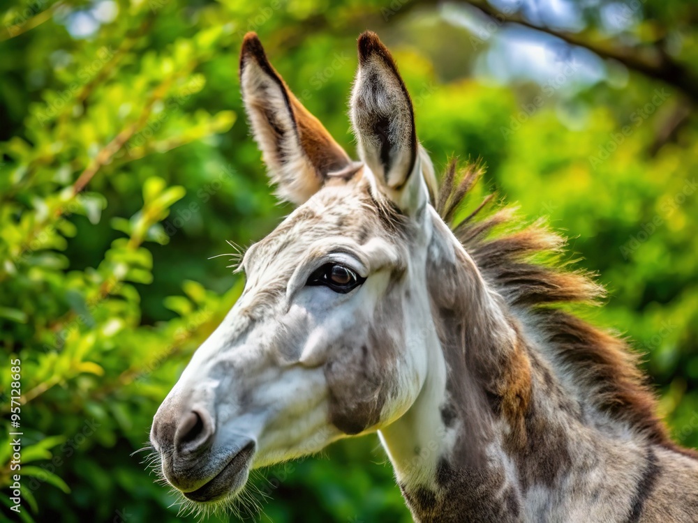 The spotted donkey's face stands out against a verdant backdrop of leaves, its long ears and gentle eyes surveying a verdant sea of green. The spotted donkey's face stands out against a verdant backdrop of leaves, its long ears and gentle eyes surveying a verdant sea of green.