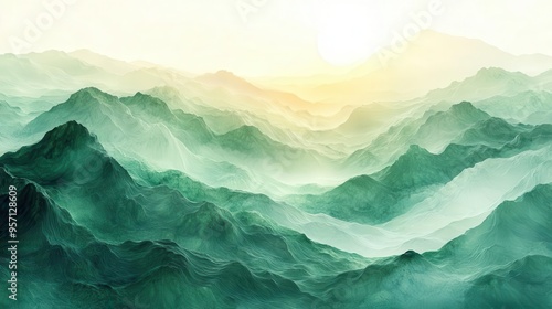 abstract digital art depicting a surreal green landscape rippling hills and valleys with an ethereal dreamlike quality smooth gradients and fluid forms