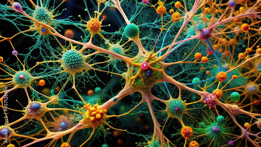 Vibrant microscopic image of fungal hyphae, revealing intricate branching networks and delicate cell structures, against a stark black background, magnified to highlight fascinating details. Vibrant microscopic image of fungal hyphae, revealing intricate branching networks and delicate cell structures, against a stark black background, magnified to highlight fascinating details.
