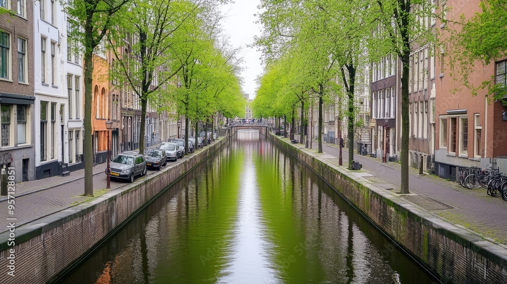 Fototapeta premium The peaceful canals of Amsterdam, Netherlands, lined with historic buildings and trees, with no one around.