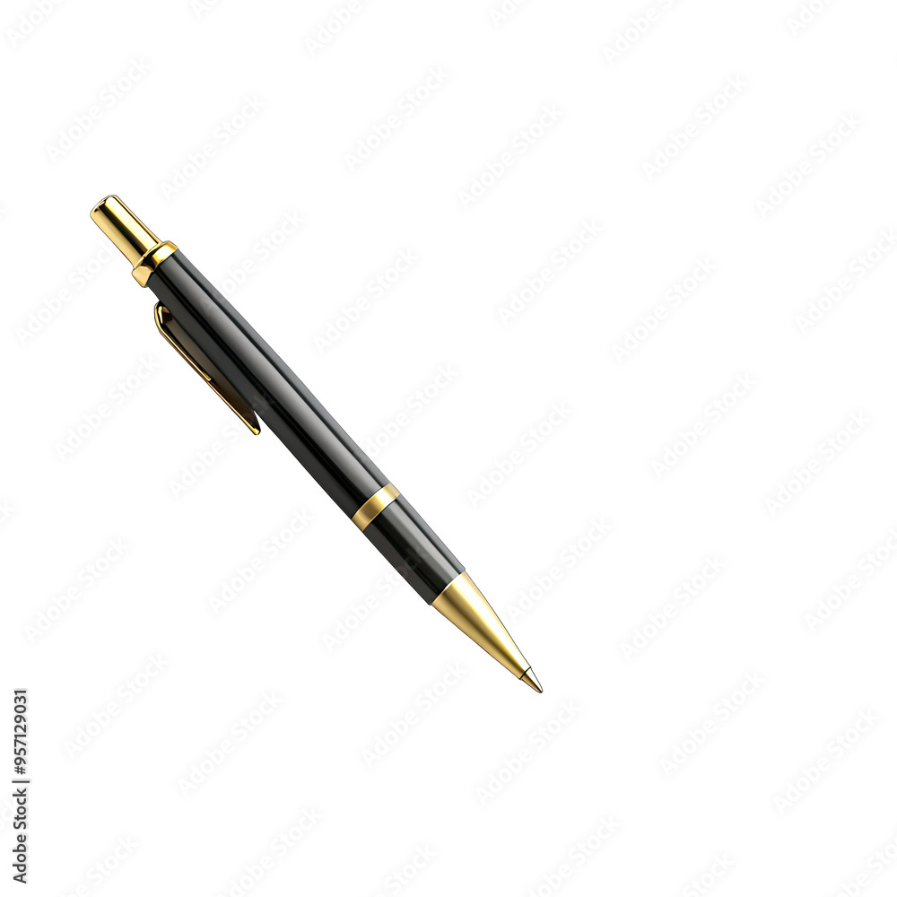 A black pen with gold accents lies on a white sheet of paper A black pen with gold accents lies on a white sheet of paper