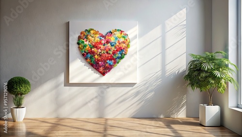 Vibrant, modern heart-shaped canvas print on a minimalist white wall, surrounded by subtle shadows, adding a touch of romance and whimsy to any room's décor. photo