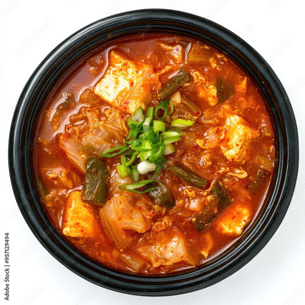 Spicy Kimchi Stew with Tofu and Green Onions in Black Bowl Spicy Kimchi Stew with Tofu and Green Onions in Black Bowl