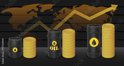 Graph with black round metal drum and stacks of coin. 3D rendering. Vector illustration. Barrel of chemical liquids, gases, oils. Oil Industry, Petrol Sign, rising oil prices