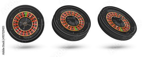 Set Black casino roulette wheel with wood desk and cells on white background. Vector illustration for casino, game design, advertising