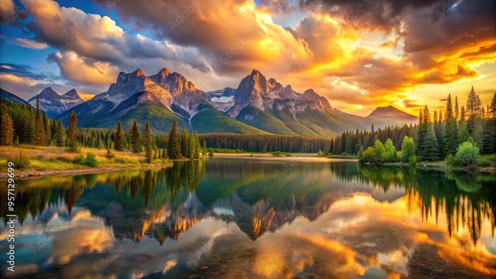 Obraz premium Vibrant oil painting depicting a serene mountain range at sunset, with majestic peaks, wispy clouds, and a tranquil lake reflecting the warm, golden hues of nature.