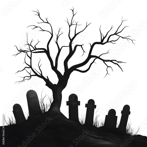 Haunting Halloween Graveyard Silhouette with Gnarled Branches on Moody Twilight Backdrop photo