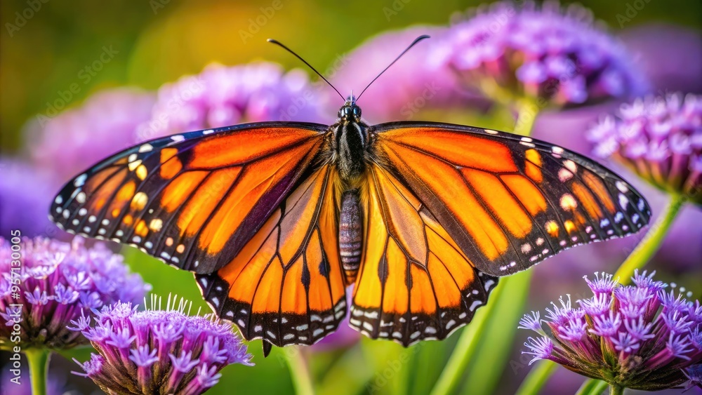 Fototapeta premium Vibrant orange and black butterfly perches on a delicate purple flower, its intricate wings and compound eyes capturing the beauty of nature's intricate design.