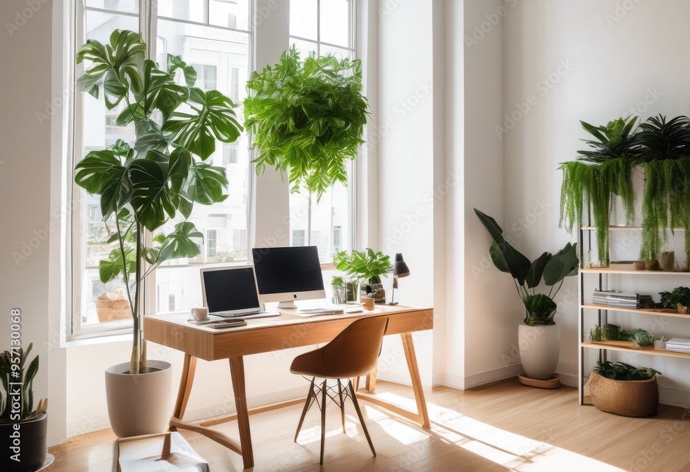 Fototapeta premium bright serene workspace featuring abundant natural clean minimalist design enhanced focus productivity, light, lines, environment, furniture, organization
