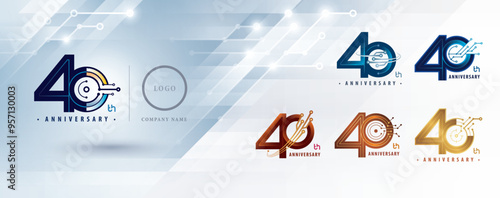 Set of 40th Anniversary logotype design, Forty years Celebrate Anniversary Logo for celebration, Abstract Connected lines and dots Circuit Board, Global network connection, Digital technology, Logo 40