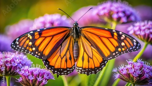 Vibrant orange and black butterfly perches on a delicate purple flower, its intricate wings and compound eyes capturing the beauty of nature's intricate design.