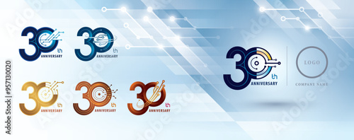 Set of 30th Anniversary logotype design, Thirty years Celebrate Anniversary Logo for celebration, Abstract Connected lines and dot Circuit Board, Global network connection, Digital technology, Logo 30