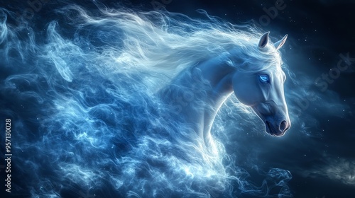 Dreamcore Portrait of a White and Blue Princess with Blue Wispy Smoke and Sea Scales: Beautiful Female Face, Symmetrical View, and Fantastical Blue Sea of Clouds with Translucent Horse in a Field of E