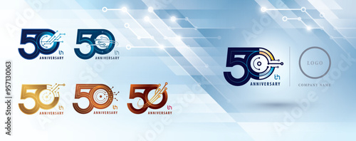 Set of 50th Anniversary logotype design, Fifty years Celebrate Anniversary Logo for celebration, Abstract Connected lines and dots Circuit Board, Global network connection, Digital technology, Logo 50