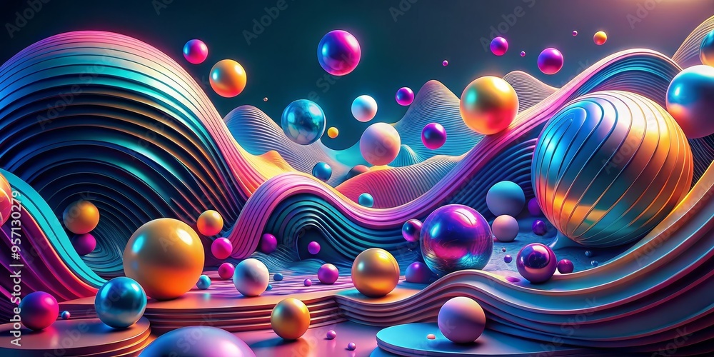 Abstract 3D Render of Spheres and Wavy Lines, 3D Art, Abstract Background, Digital Art Abstract 3D Render of Spheres and Wavy Lines, 3D Art, Abstract Background, Digital Art