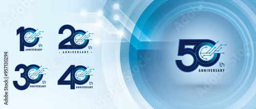 10, 20, 30, 40, 50 year Anniversary Logo, Ten to Fifty years Anniversary Logotype for Celebration, Abstract Connected Blue lines and dots Circuit Board, Global network connection, Digital technology,