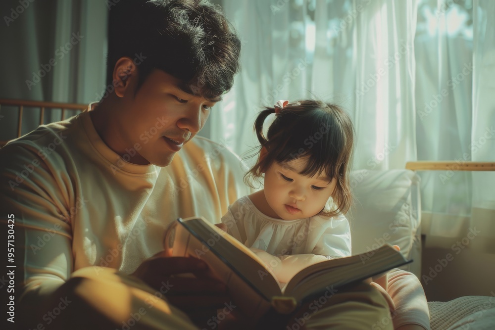 A tender moment between a father and his young daughter, reading a book together in a cozy, sunlit room filled with warmth and love.