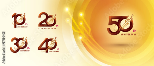 10, 20, 30, 40, 50 year Anniversary Logo, Ten to Fifty years Anniversary Logotype for Celebration, Abstract Connected Curved lines and dots Circuit Board, Global network connection, Digital technology