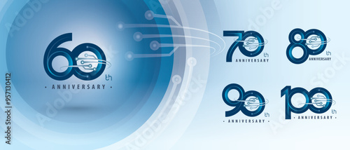 60, 70, 80, 90, 100 year Anniversary logotype design, Sixty to Hundred years Logo for Celebration, Abstract Connected Curved lines and dots Circuit Board, Global network connection, Digital technology
