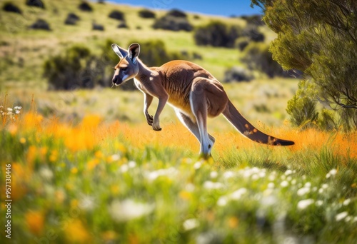 vibrant kangaroo leaping across colorful landscape rolling hills lush greenery under bright blue sky, jumping, animal, nature, scene, grass, park, wildlife photo