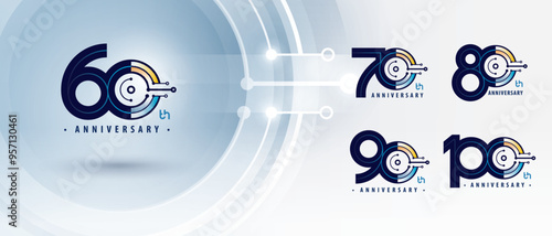 60, 70, 80, 90, 100 year Anniversary logotype design, Sixty to Hundred years Logo for Celebration, Abstract Connected Circle lines and dots Circuit Board, Global network connection, Digital technology