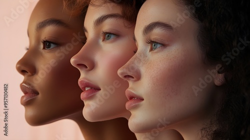 different women's faces in the same frame, all with natural skin tones and hair on their heads